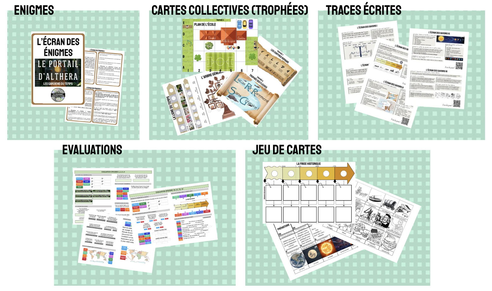 Impressions Papier Althera - UN ENSEMBLE : 1 fichier Ecran des énigmes + 1 fichier Trophées + 1 fichier Jeu de cartes + 1 fichier Evaluations + 1 fichier Traces écrites